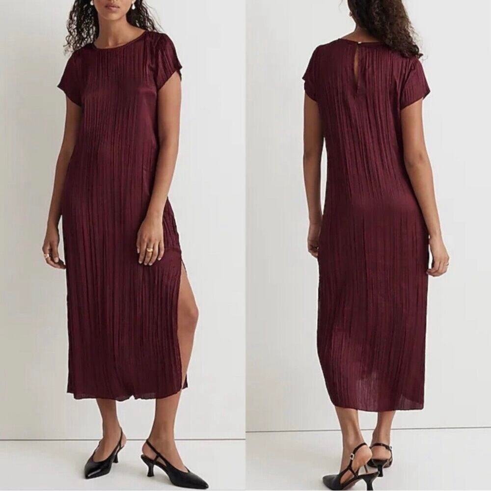 madewell short-sleeve slip midi dress plissé mulberry wine no110 women xx-small
